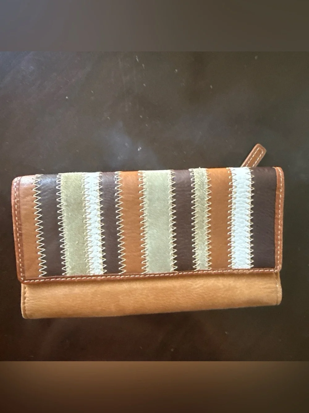 Vtg Fossil Striped Patchwork Genuine Leather Tri Fold Wallet